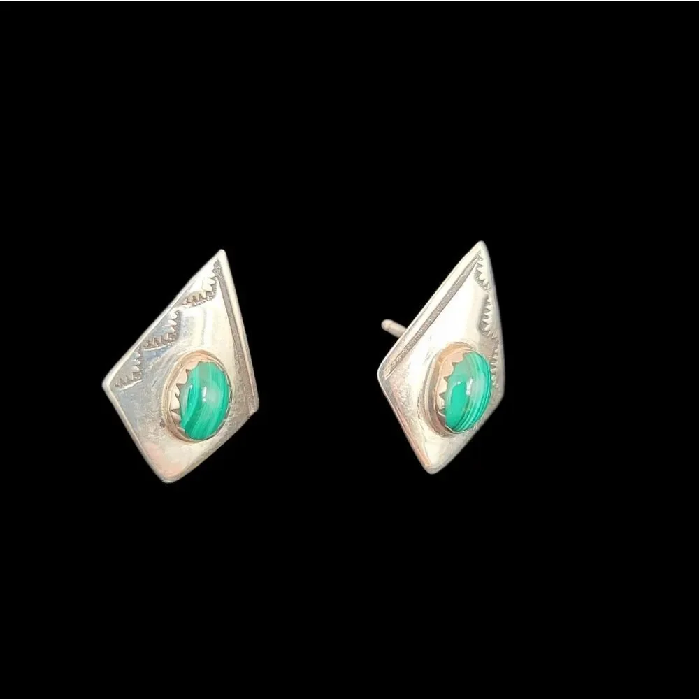 Sterling Silver and Green Malachite Native American Navajo Earrings Pierced Stud